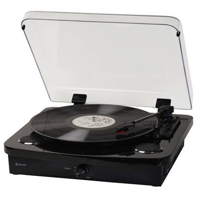 Černý vinylový gramofon s průhledným krytem přehrává desku. Rameno zvukové přenosky je umístěno na desce, což signalizuje aktivní přehrávání.
