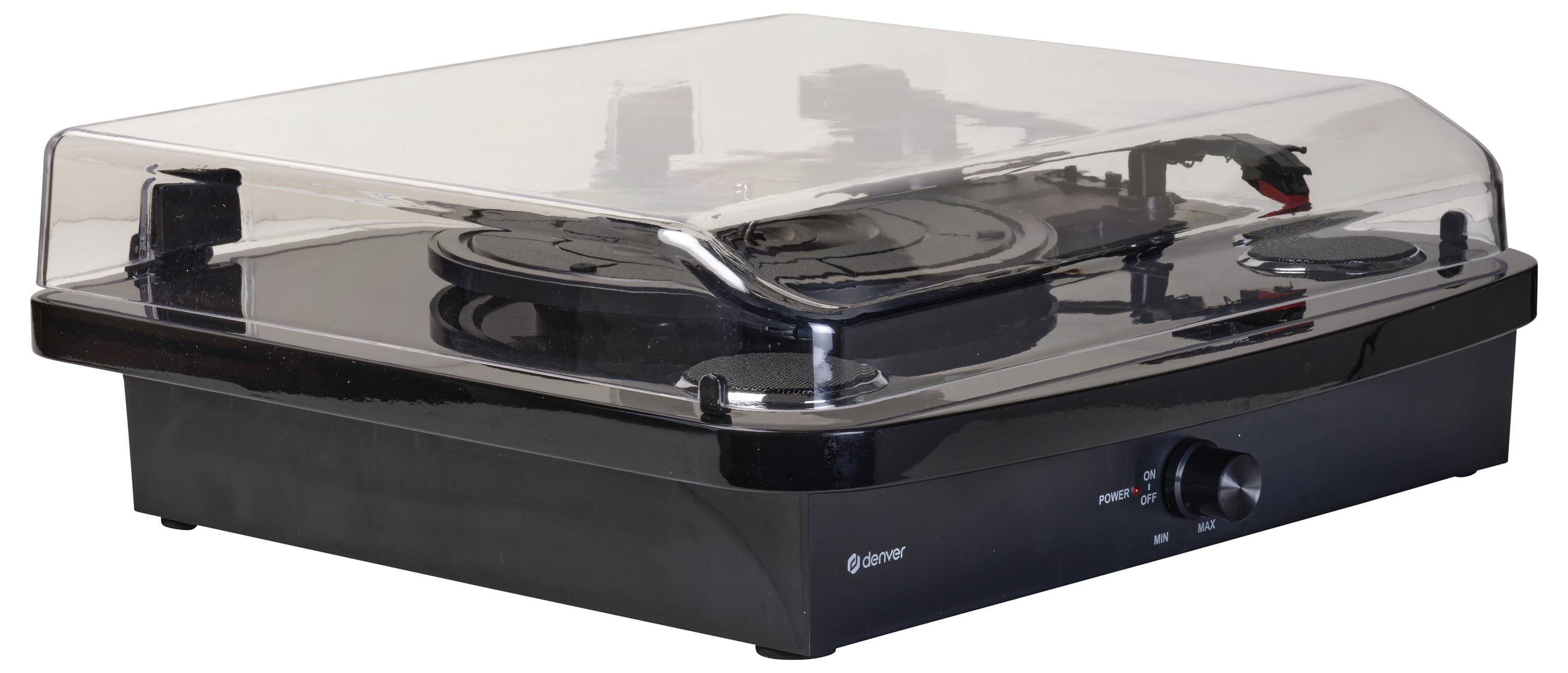 Černý gramofon s průhledným prachovým krytem, vybavený ovládáním hlasitosti a napájení na přední straně, vhodný pro přehrávání vinylových desek.