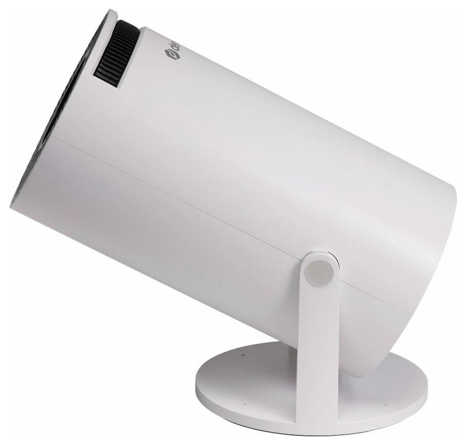Bílý, válcový elektrický ventilátor se sklopným stojanem, určený pro směrový proudění vzduchu v interiérech.