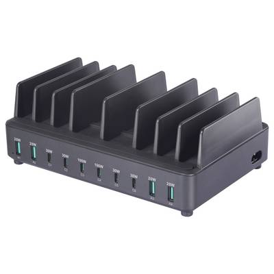 Černá víceportová USB nabíjecí stanice s deseti sloty, přičemž každý podporuje různé výstupní výkony pro současné nabíjení zařízení.