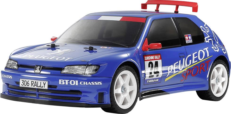 Model modrého rally vozu Peugeot s dekalemi, včetně nápisů 'Peugeot Sport' a '306 Rally'. Design je sportovní a dynamický.
