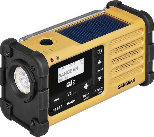 Sangean MMR-88 DAB+ A500559 outdoorové rádio, DAB+, FM, nouzové rádio, s USB nabíječkou, stolní lampa, Solární panel, Ruční klika, černá, žlutá