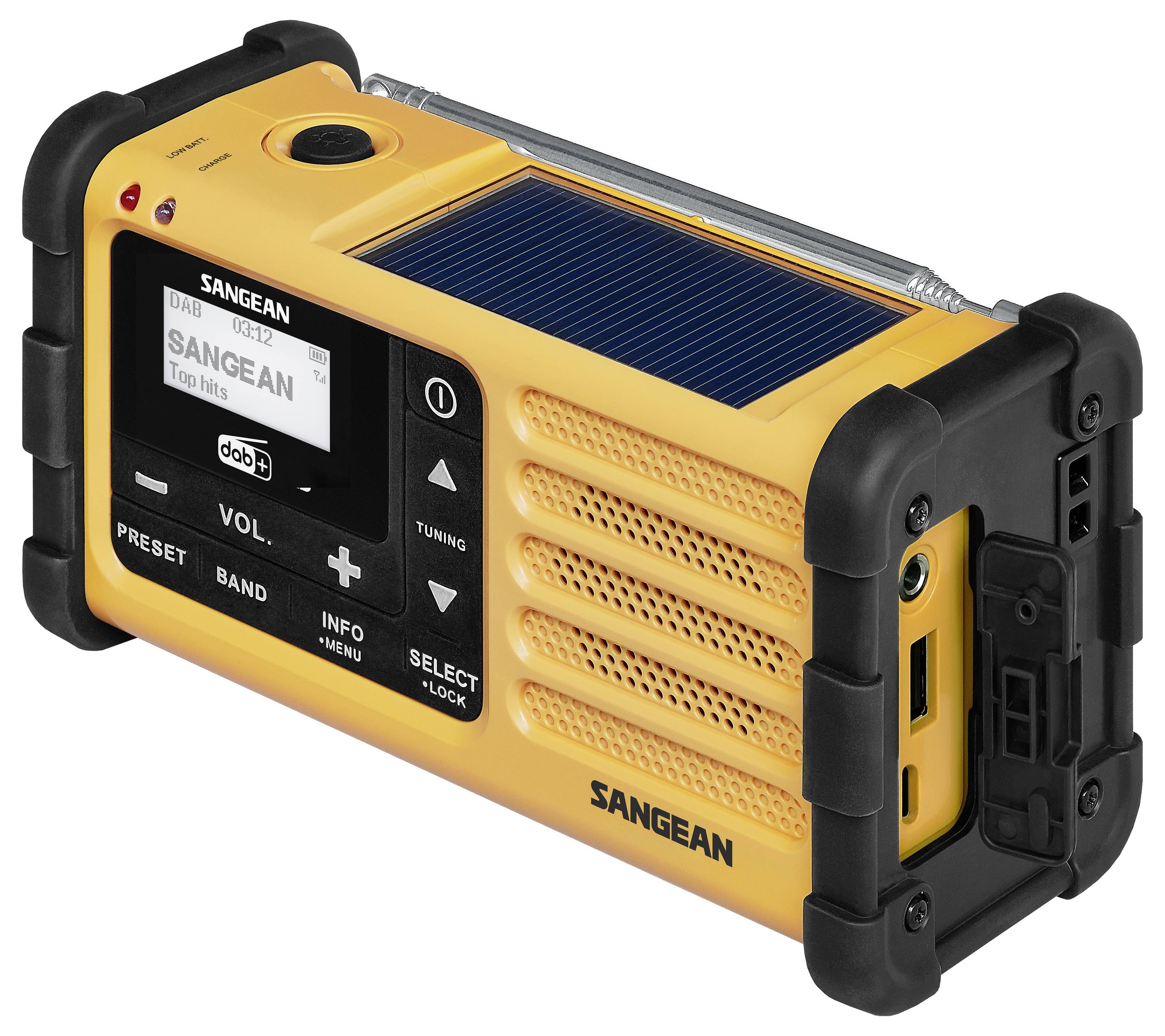 Přenosný, odolný solární rádio Sangean s digitálním displejem, ladicími a hlasitostními knoflíky a USB nabíjecím portem.