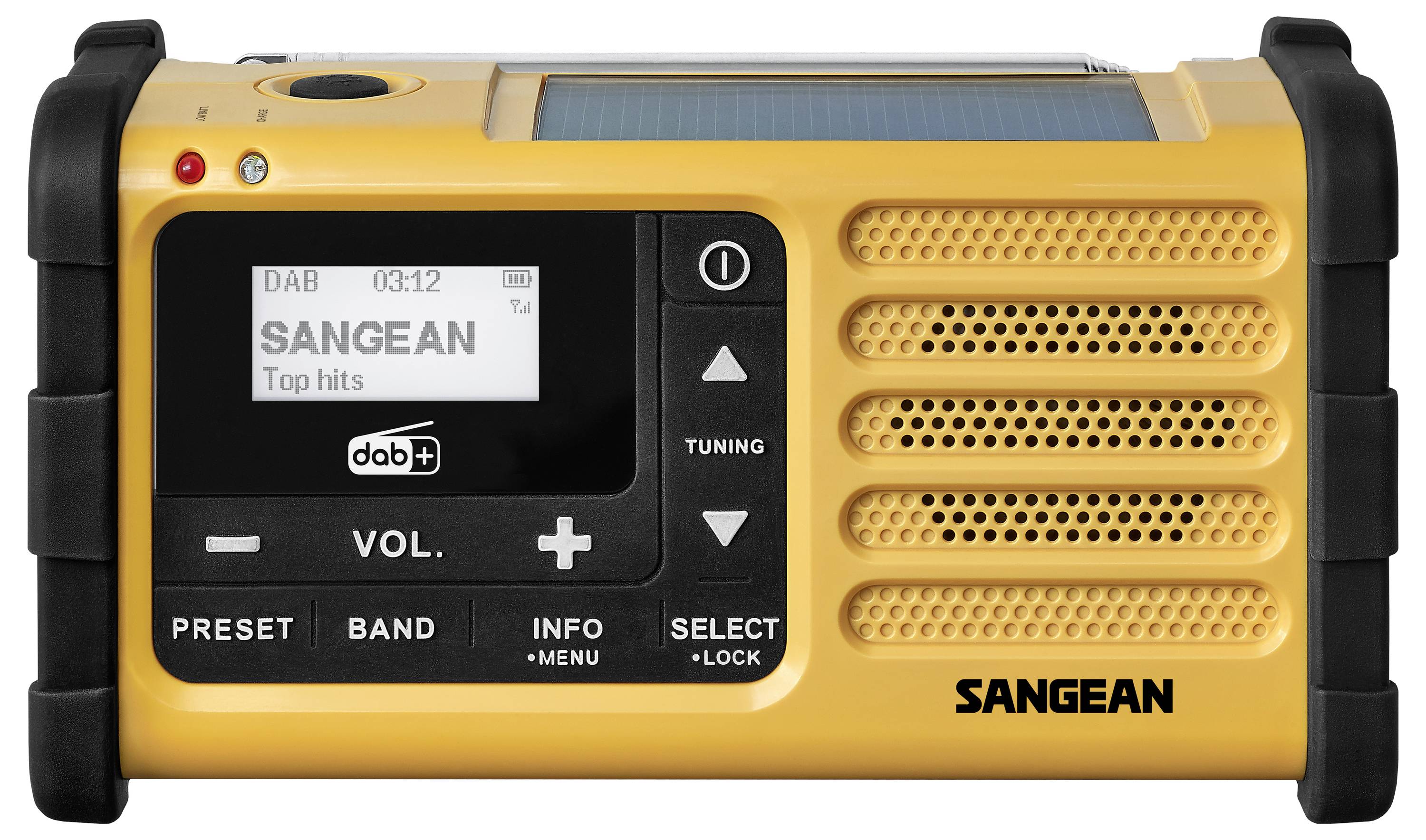 Přenosné žluté a černé digitální rádio se zobrazovačem s nápisem 'DAB 03:12 SANGEAN Top hits'. Obsahuje ovládání hlasitosti a ladění.