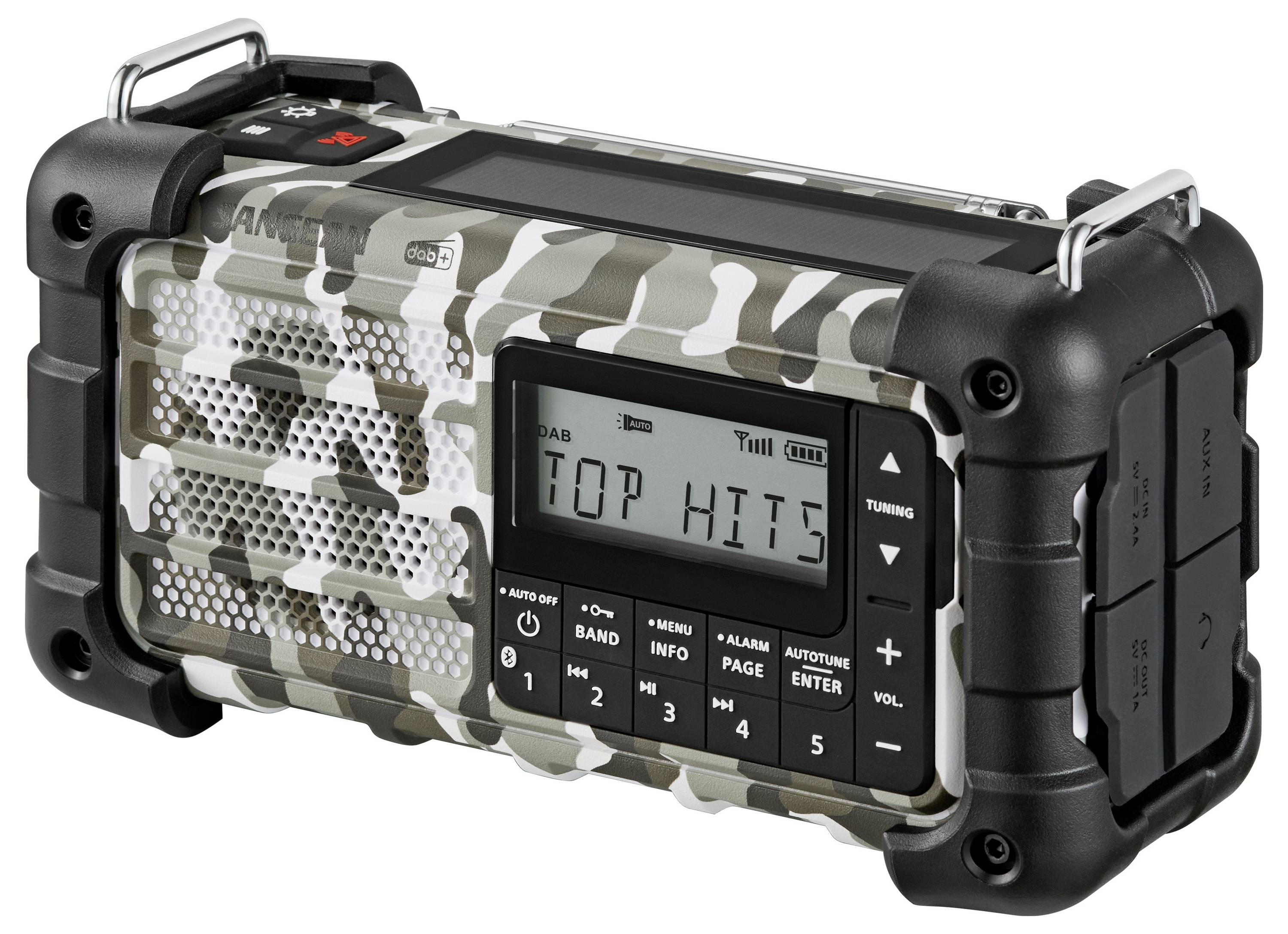 Robustní, maskovaný digitální rádio zobrazující na displeji 'Top Hity' s tlačítky pro ladění, výběr pásma a nastavení zvuku.