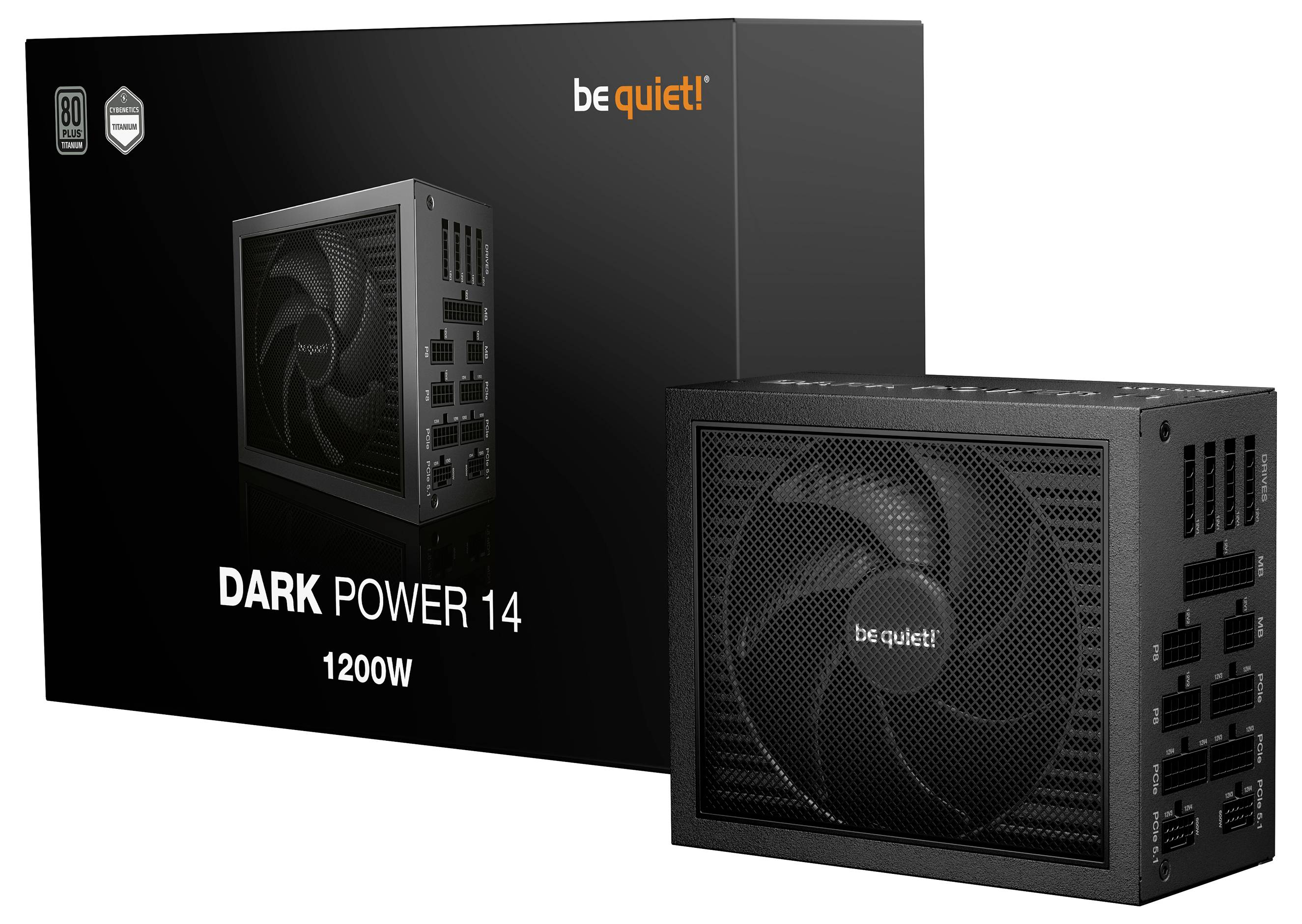 "Buď zticha! Dark Power 14" napájecí zdroj o výkonu 1200W s několika konektory, prezentující své provedení a kryt před svým obalem.