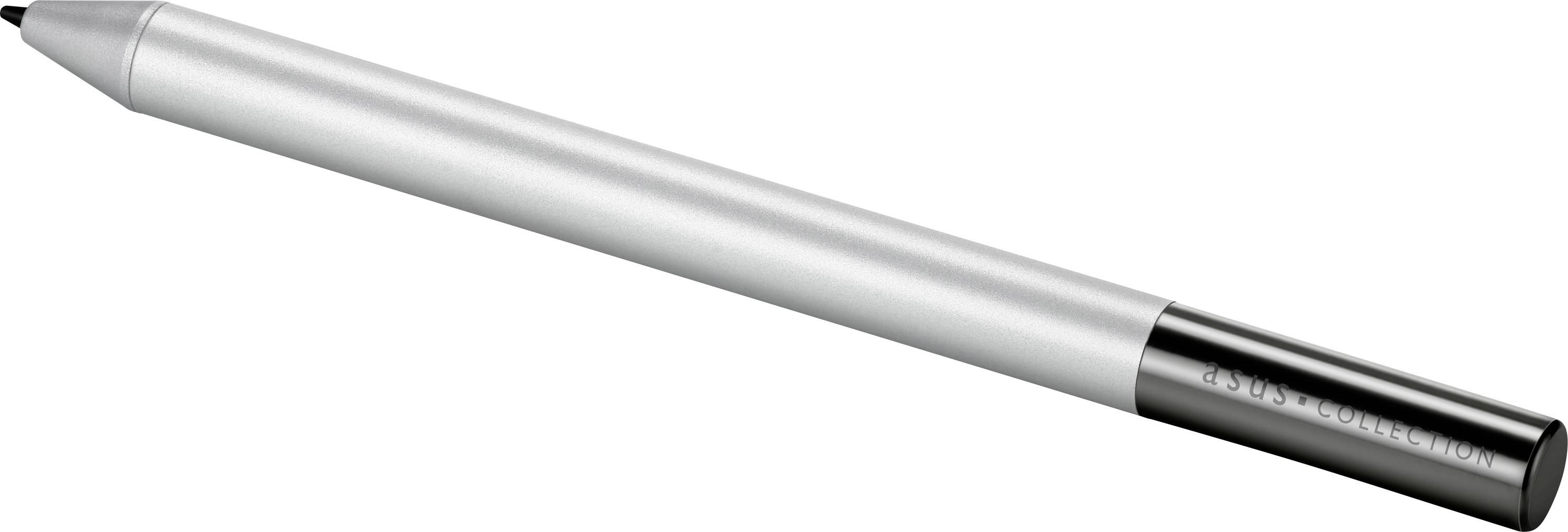Stříbrné a černé stylové pero určené pro dotykové obrazovky, zobrazené diagonálně s elegantním, minimalistickým designem.