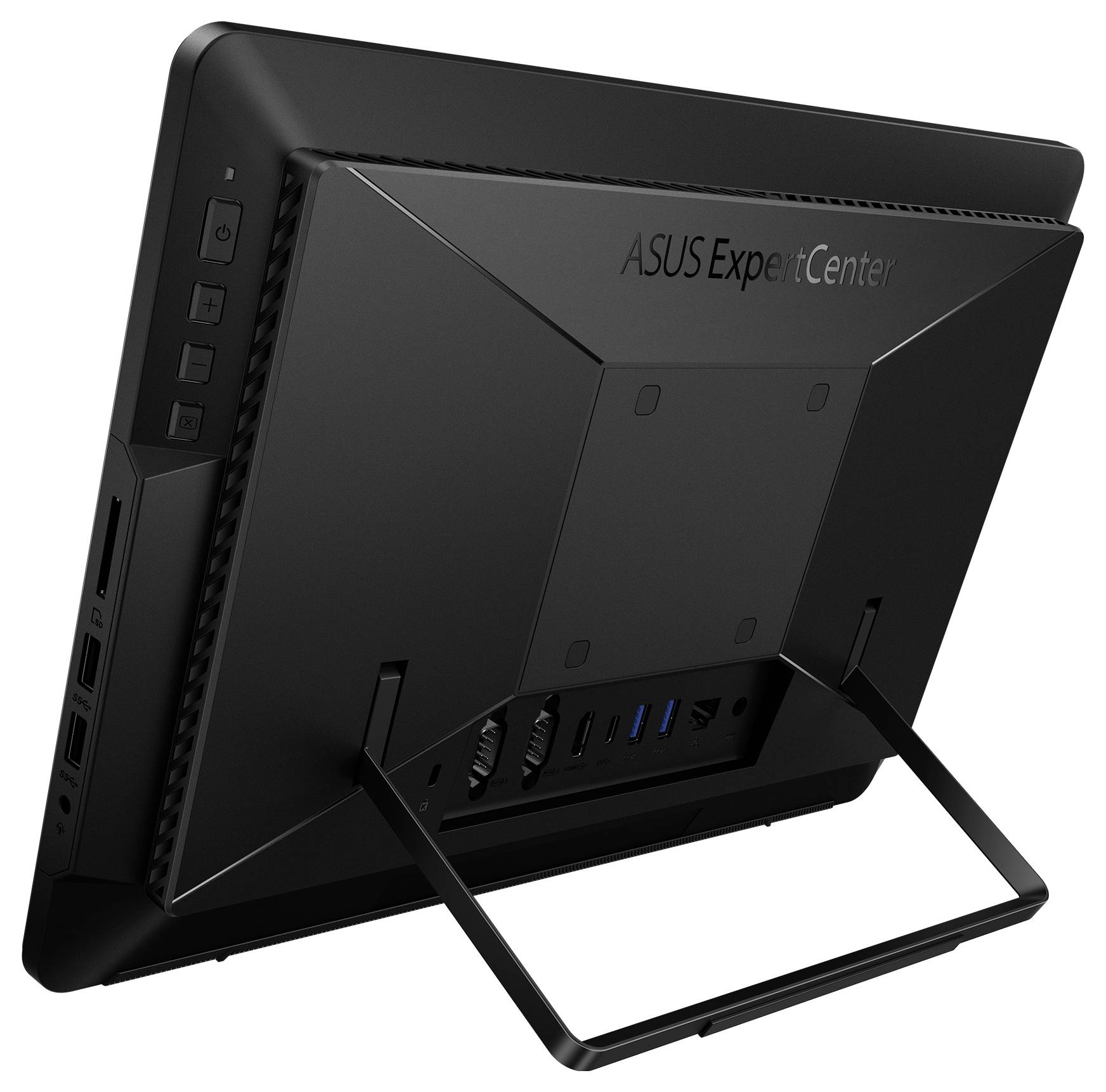 Pohled zezadu na počítač ASUS all-in-one ukazující porty a stojan.