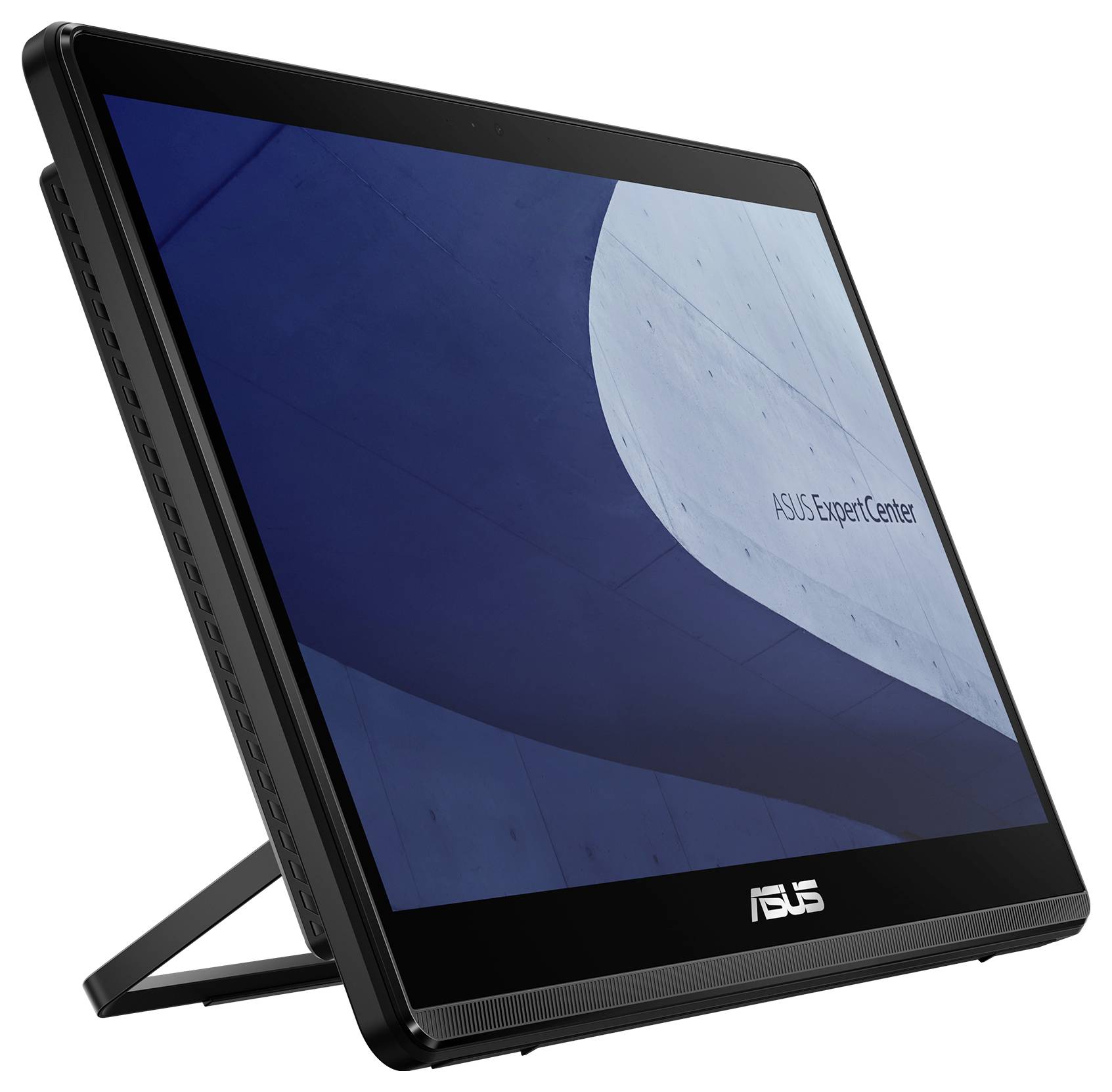 Počítačový monitor 'ASUS ExpertCenter' s černým rámem, stojící na své podpěře, zobrazující modro-šedé abstraktní pozadí.