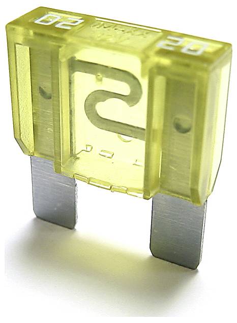 Žlutá, obdélníková automobilová pojistka se dvěma kovovými hroty, označená '20' na horní straně, indikující proudové hodnocení 20 ampérů.