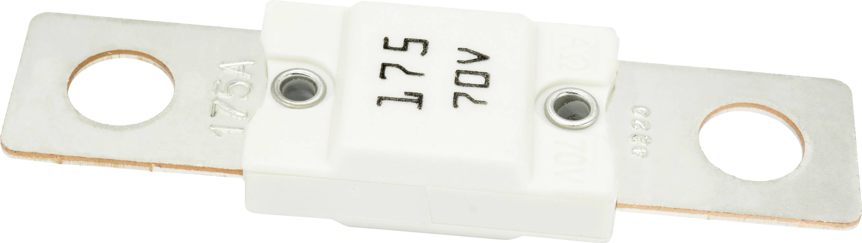 Bílá elektrická pojistka s kovovými kontakty na obou koncích s hodnocením '175A 70V'.