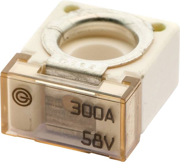Čtvercová elektrická pojistka s hodnocením 300 ampérů a 58 voltů, vybavená průhledným krytem a kovovými komponenty.