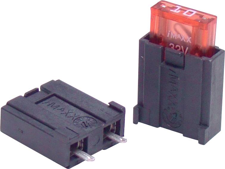 Dva černé elektrické držáky pojistek, jeden vzpřímený s červenou 10ampérovou pojistkou uvnitř a druhý položený na boku, oba označené iMaXX 23V.