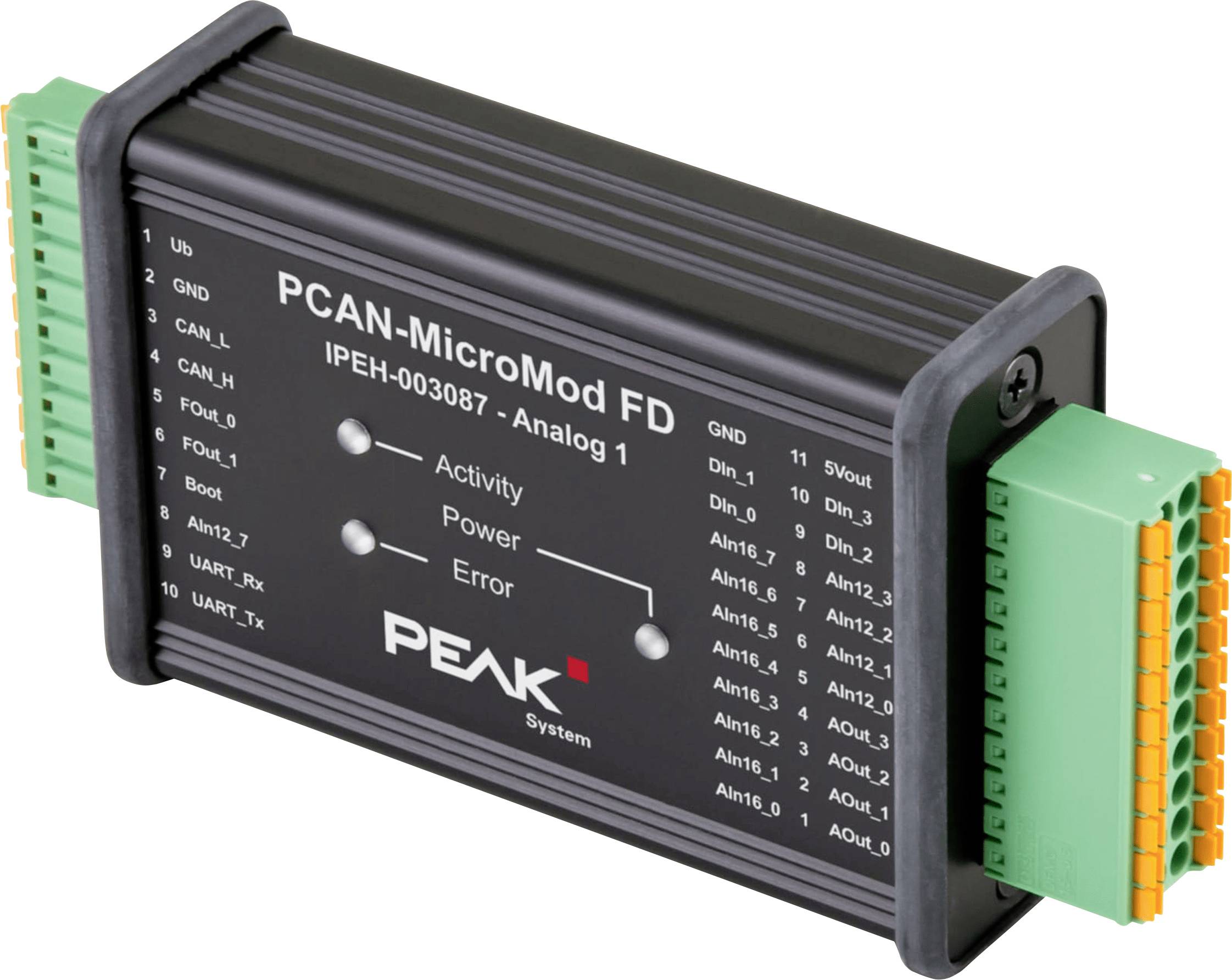 Černé zařízení označené 'PCAN-MicroMod FD' s konektory na obou stranách, používané pro integraci CAN sběrnice a funkčnost signalizace.