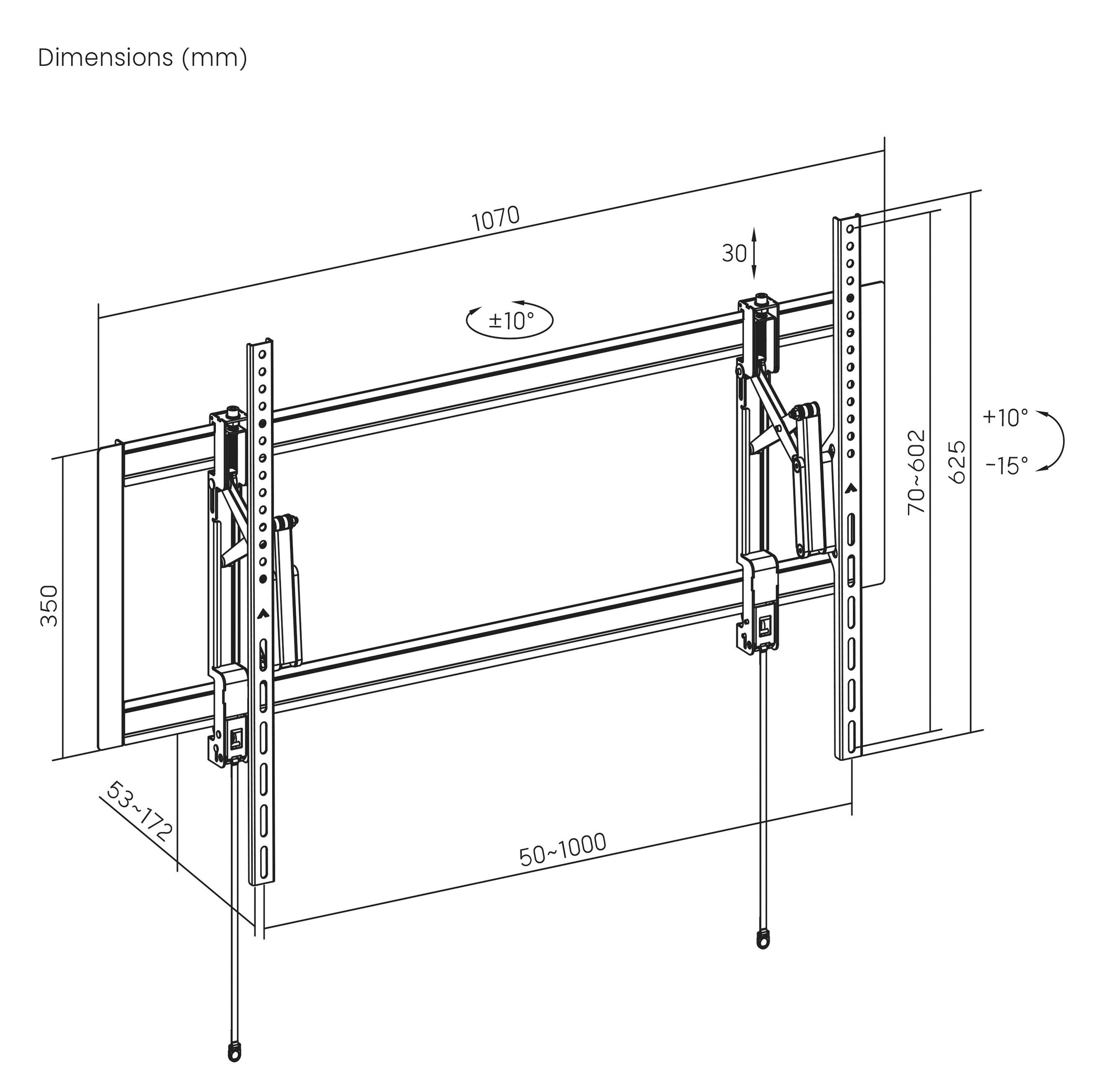 Diagram zobrazující rozměry nástěnného držáku televize v milimetrech: maximální šířka 1070, výška 350, úhel náklonu ±10°. Nastavitelný rozsah 50-1000 mm.