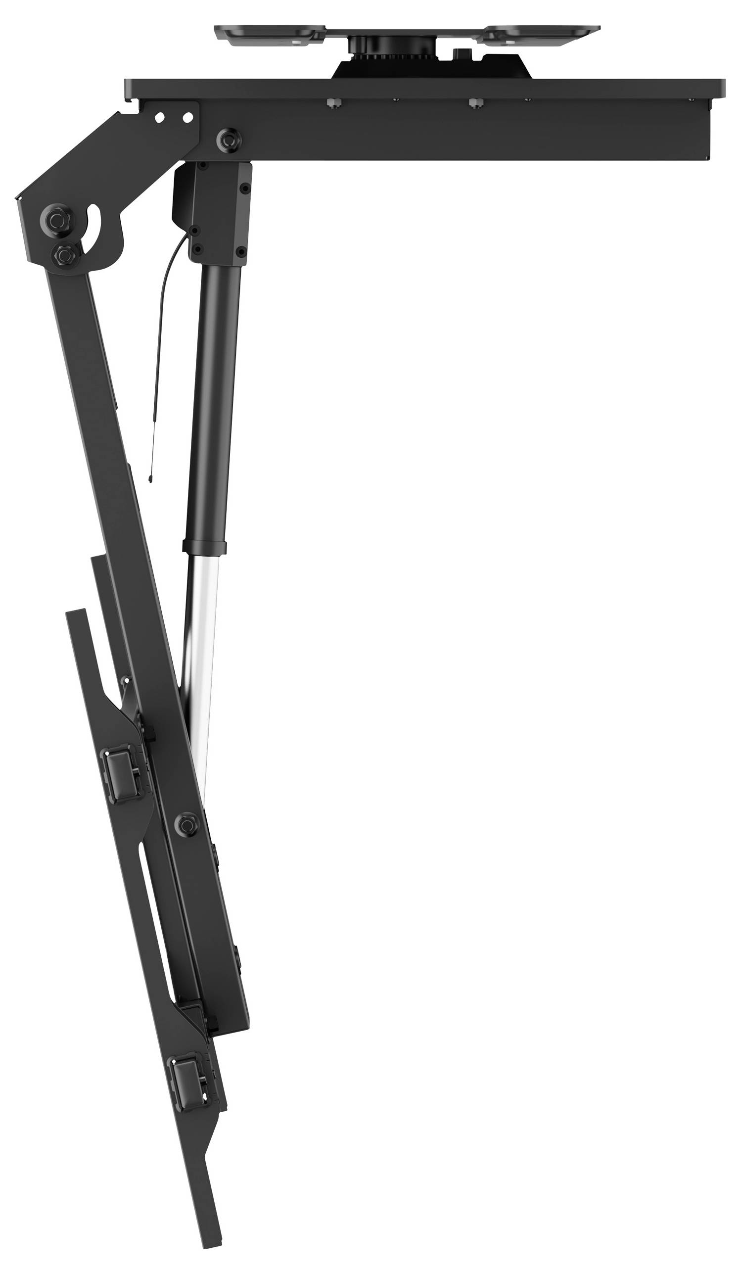 Boční pohled na černý nastavitelný mechanismus stojícího stolu, ukazující hydraulický zvedací systém a komponenty kovového rámu.