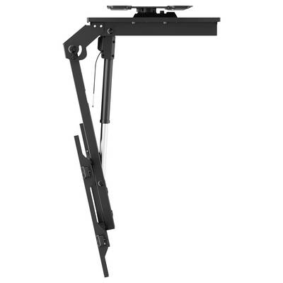 Boční pohled na černý nastavitelný mechanismus stojícího stolu, ukazující hydraulický zvedací systém a komponenty kovového rámu.