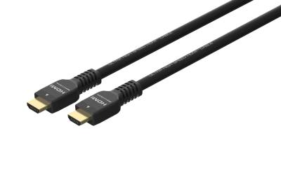 Dva černé HDMI kabely s konektory otočenými čelem k sobě, s označením 'HDMI' na zástrčkách, na jednoduchém pozadí.
