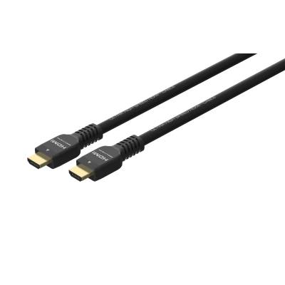 Dva černé HDMI kabely s konektory otočenými čelem k sobě, s označením 'HDMI' na zástrčkách, na jednoduchém pozadí.