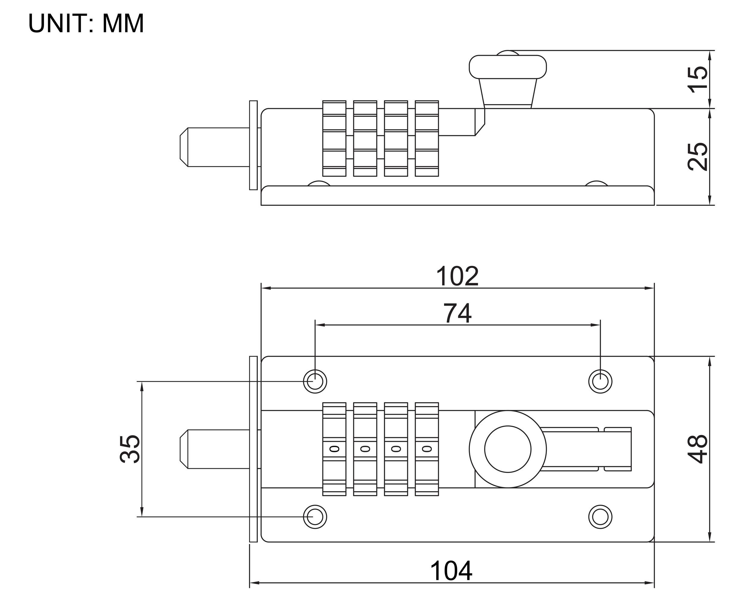 Technický výkres kombinačního zámku s rozměry: délka 104 mm, výška 35 mm a šířka 25 mm; jednotka v milimetrech.