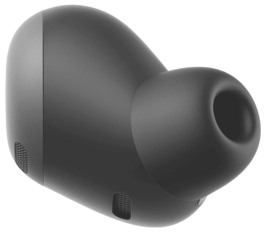 Jeden černý bezdrátový naslouchátko s elegantním, ergonomickým designem, které má na straně malý větrací otvor a silikonovou špičku pro pohodlí.