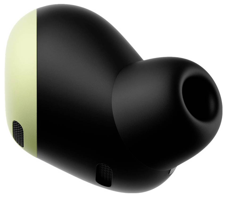 Jeden černý a béžový bezdrátový naslouchátko, vyznačující se hladkým, ergonomickým designem s viditelnými mikrofonními otvory.