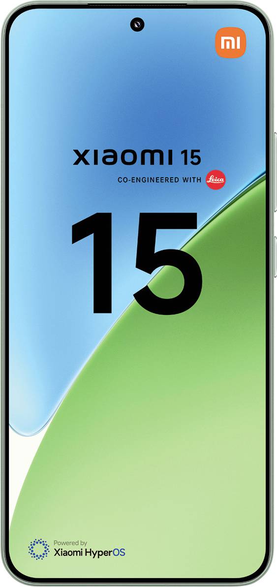 Displej smartphonu zobrazující 'Xiaomi 15 Spolunavrženo s Leica', s modro-zeleným gradientním pozadím.