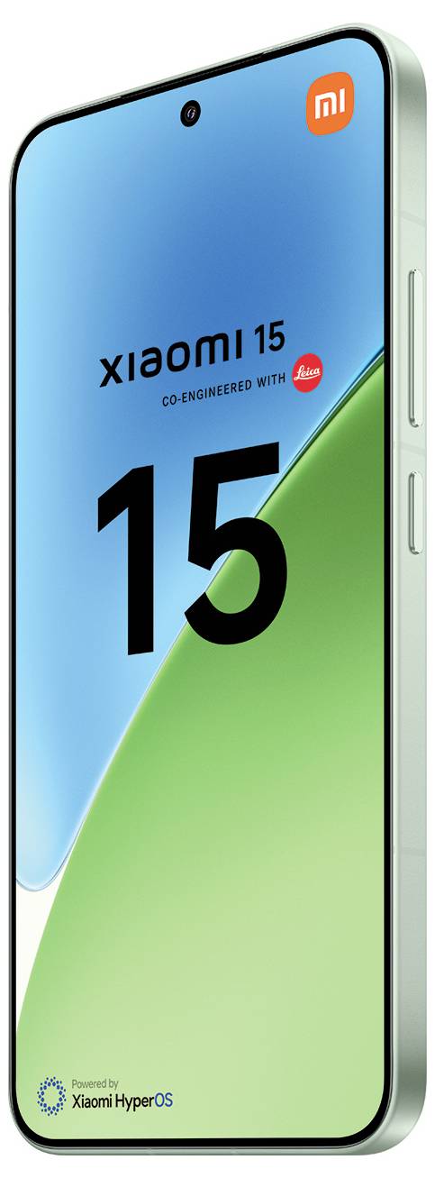 Smartphone s modro-zeleným displejem zobrazuje 'Xiaomi 15'. V pravém horním rohu je logo 'mi', text 'Společně vyvinuto s Leicou' a 'Poháněno Xiaomi HyperOS'.
