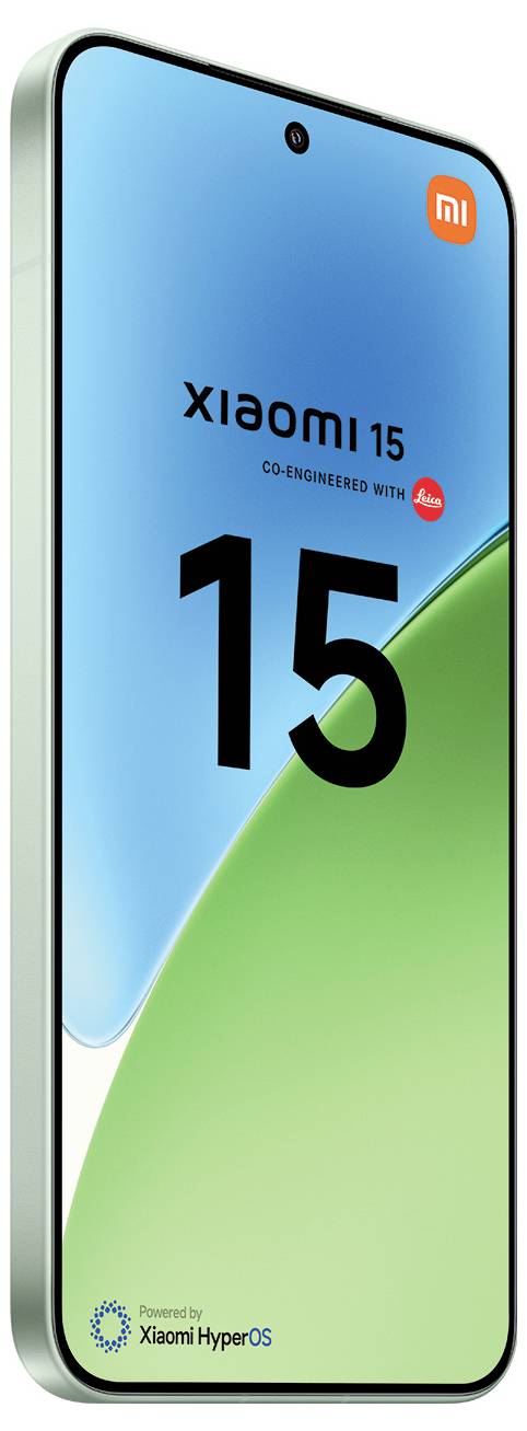 Smartphone Xiaomi 15 s modrým a zeleným gradientním displejem, zobrazující text 'Společně vyvinuto s Leica' a 'Poháněno systémem Xiaomi HyperOS'.