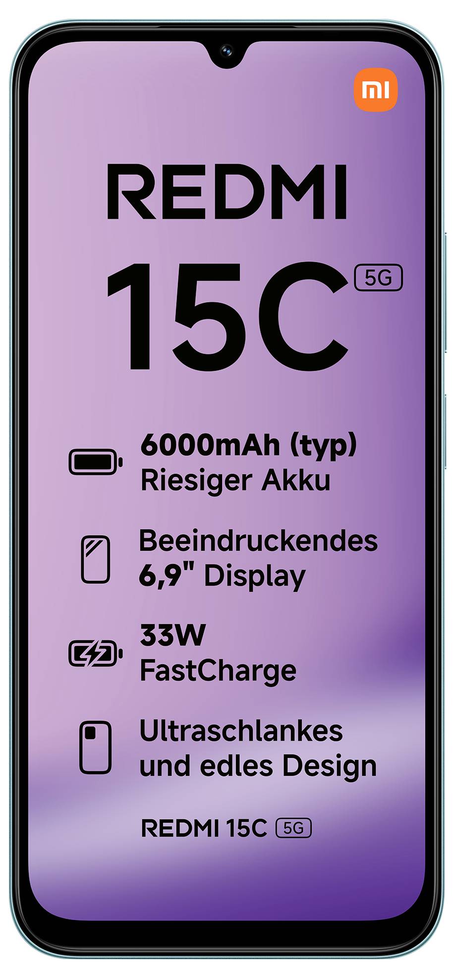 Smartphone displej s textem: 'REDMI 15C 5G', '6000mAh (typ) Obří baterie', 'Úchvatný 6,79" displej', '33W rychlé nabíjení', 'Ultratenký a elegantní design'.