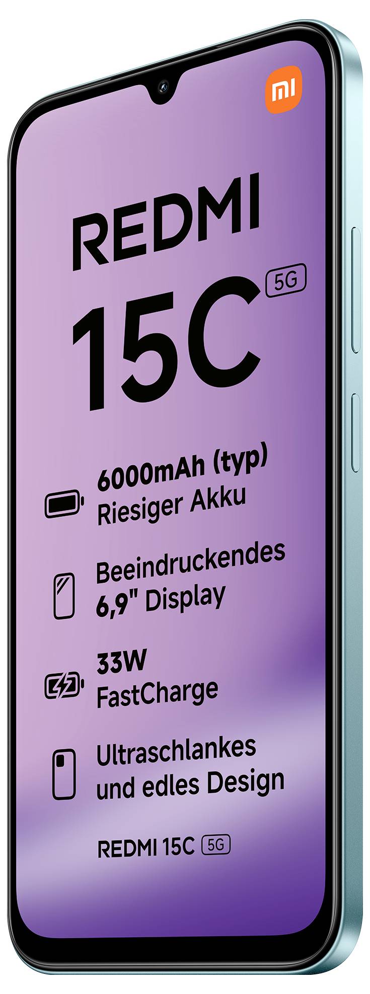 Displej smartphonu zobrazující vlastnosti: 'REDMI 15C 5G', '6000mAh baterie', '6,9" displej', '33W rychlé nabíjení', 'Štíhlý a elegantní design'.