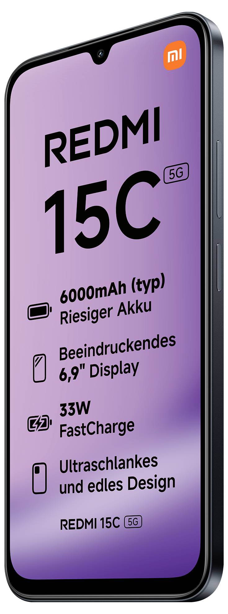 Smartphone s funkcemi zvýrazňování textu: 'REDMI 15C, baterie 6000mAh, displej 6,9", 33W rychlonabíjení, elegantní design.'