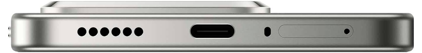 Boční pohled na elegantní smartphone zobrazující USB-C port, reproduktorové mřížky a šachtičku na SIM kartu na spodní hraně zařízení.