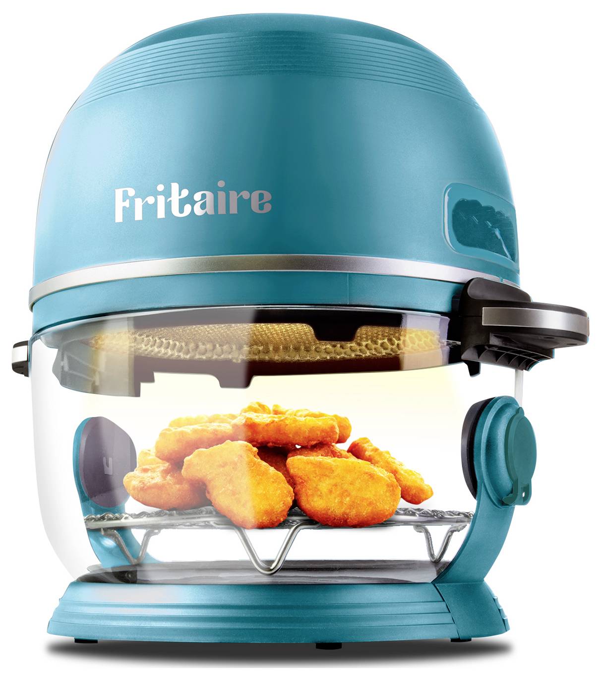 Modrá fritéza Fritaire s průhlednou sekcí, ve které jsou vidět kuřecí nugety, umístěná na drátěné mřížce.