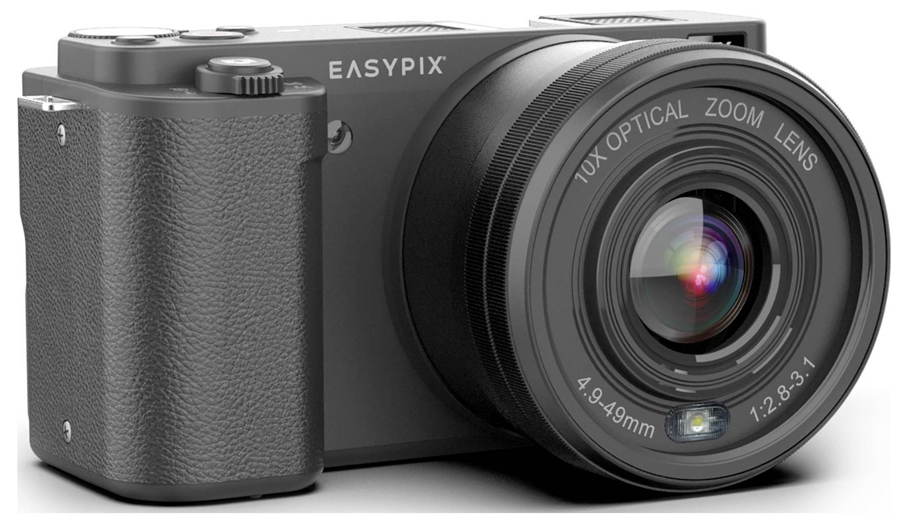 Černý digitální fotoaparát označený nápisem 'EASYPIX' s velkým objektivem s nápisem '10x Optický zoom Objektiv 4.9-49mm 1:2.8-3.1', umístěný na bílém pozadí.