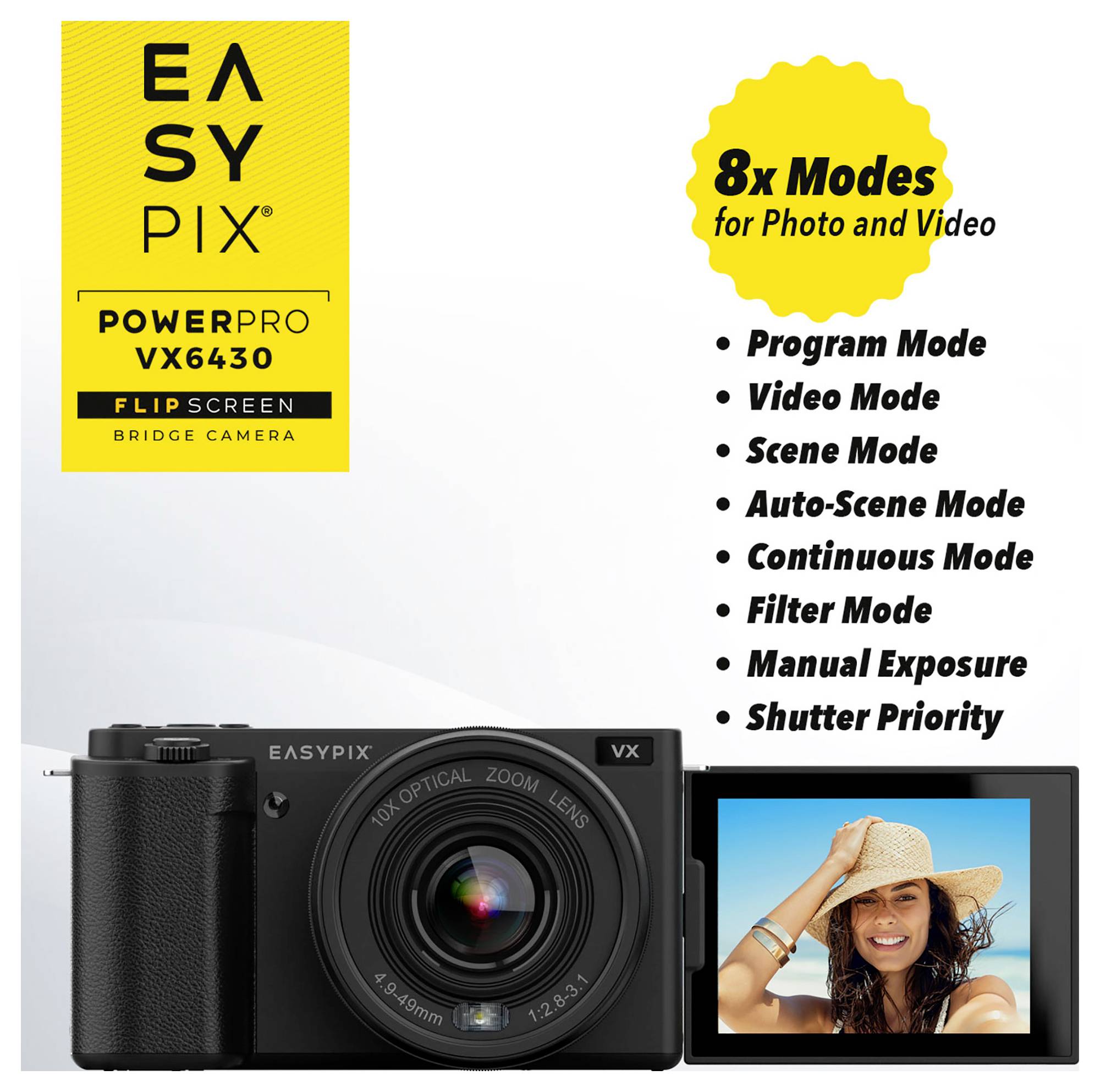 Fotoaparát 'Easypix PowerPro VX6430' s otočným displejem. Textové zvýraznění '8 režimů pro fotografování a video', které uvádí režimy jako Program, Scéna a Auto-scéna. Obsahuje obrázek ženy na displeji.