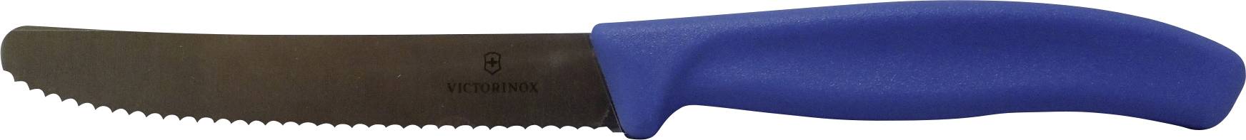 Vroubkovaný nůž s modrým držadlem, vhodný pro krájení chleba nebo podobných potravin.