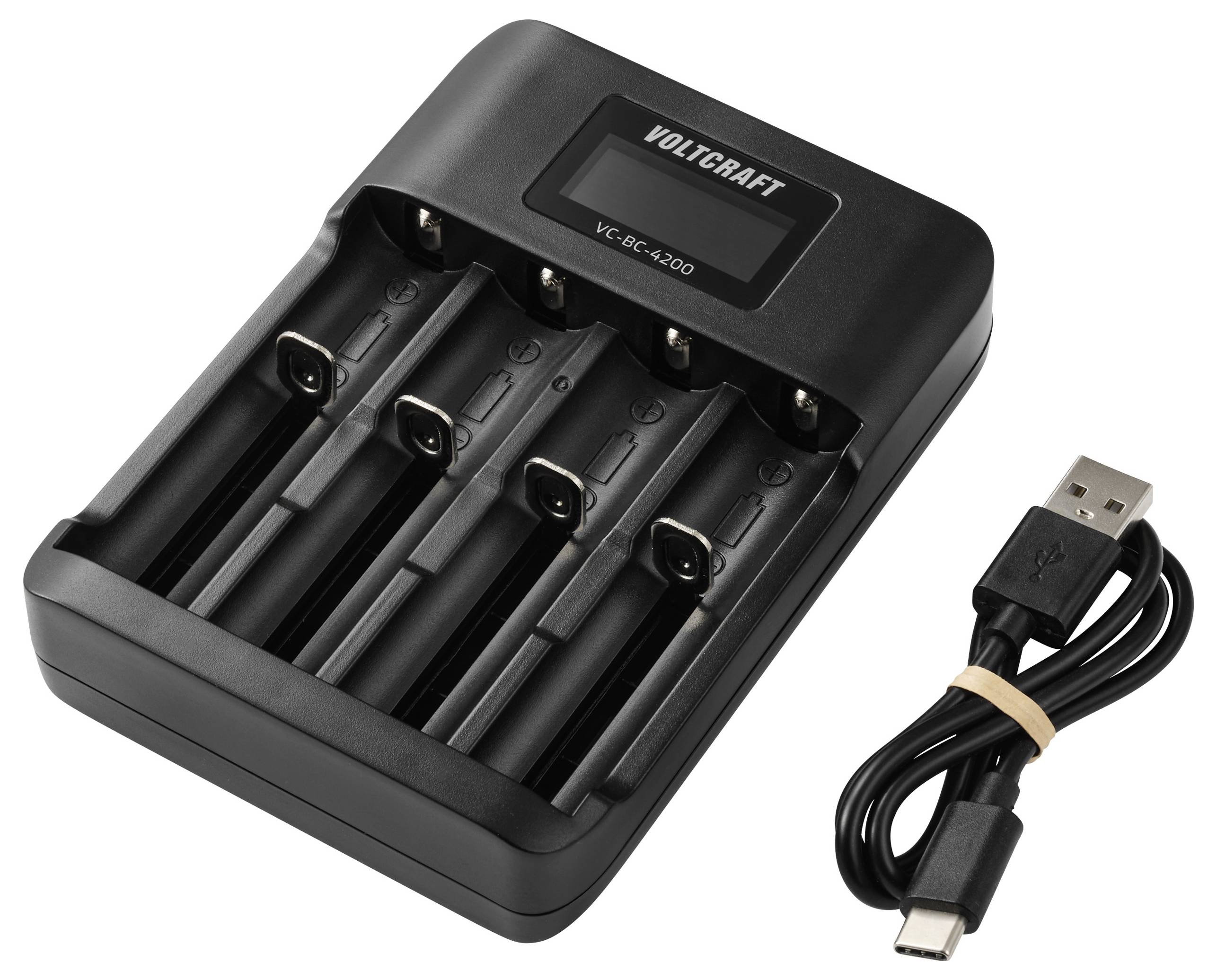 Nabíječka baterií s LED displejem a čtyřmi sloty, označená „Voltcraft VC-BC-4200", spolu s nabíjecím kabelem USB-C.