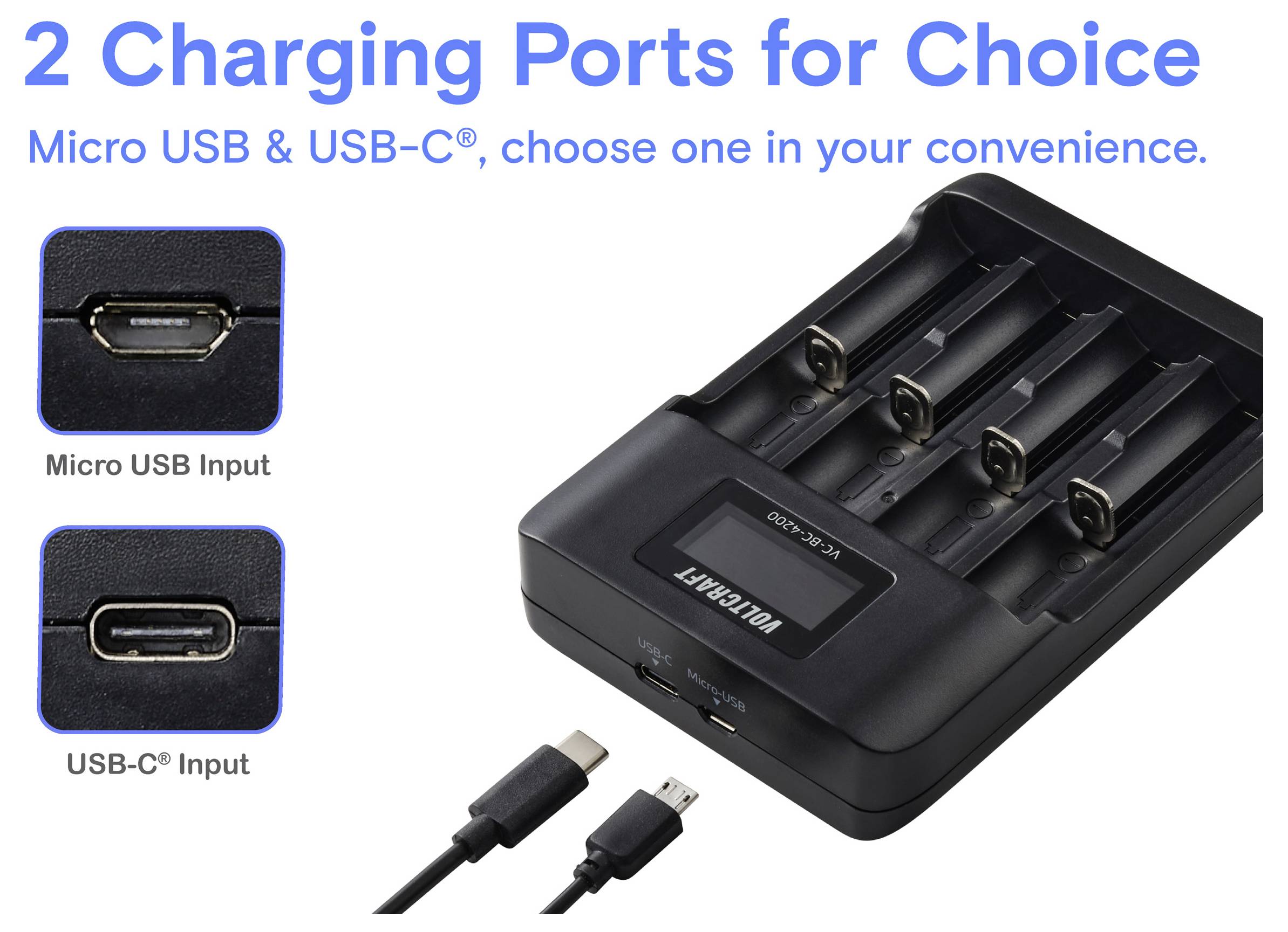 Nabíječka baterie se 4 sloty. Text: „2 porty pro nabíjení na výběr." Zobrazuje Micro USB a USB-C® vstupy. Jsou zobrazeny kabely pro oba typy.