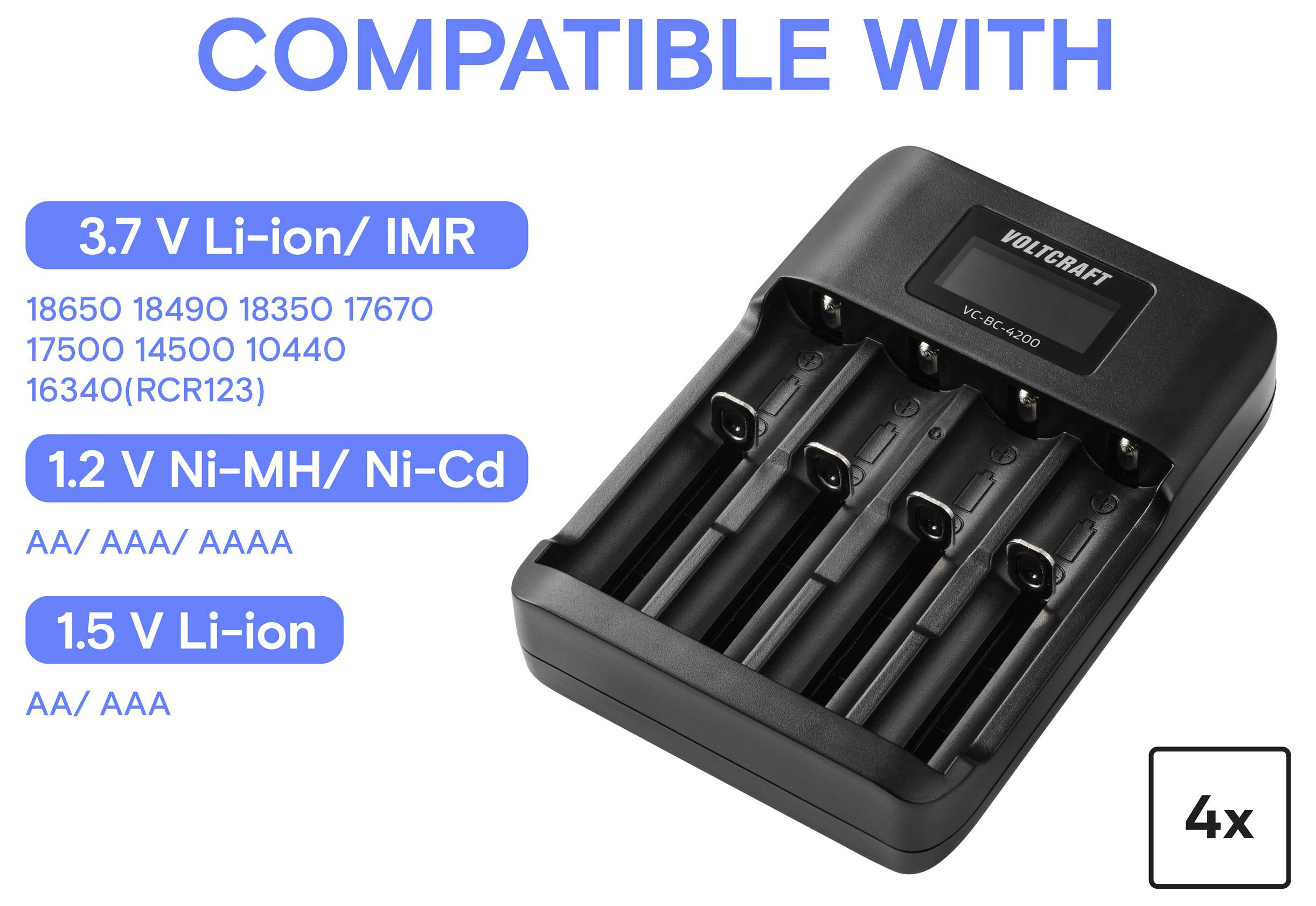 Nabíječ baterie kompatibilní s 3,7 V Li-ion/IMR, 1,2 V Ni-MH/Ni-Cd a 1,5 V Li-ion bateriemi. Dokáže nabíjet čtyři baterie najednou.