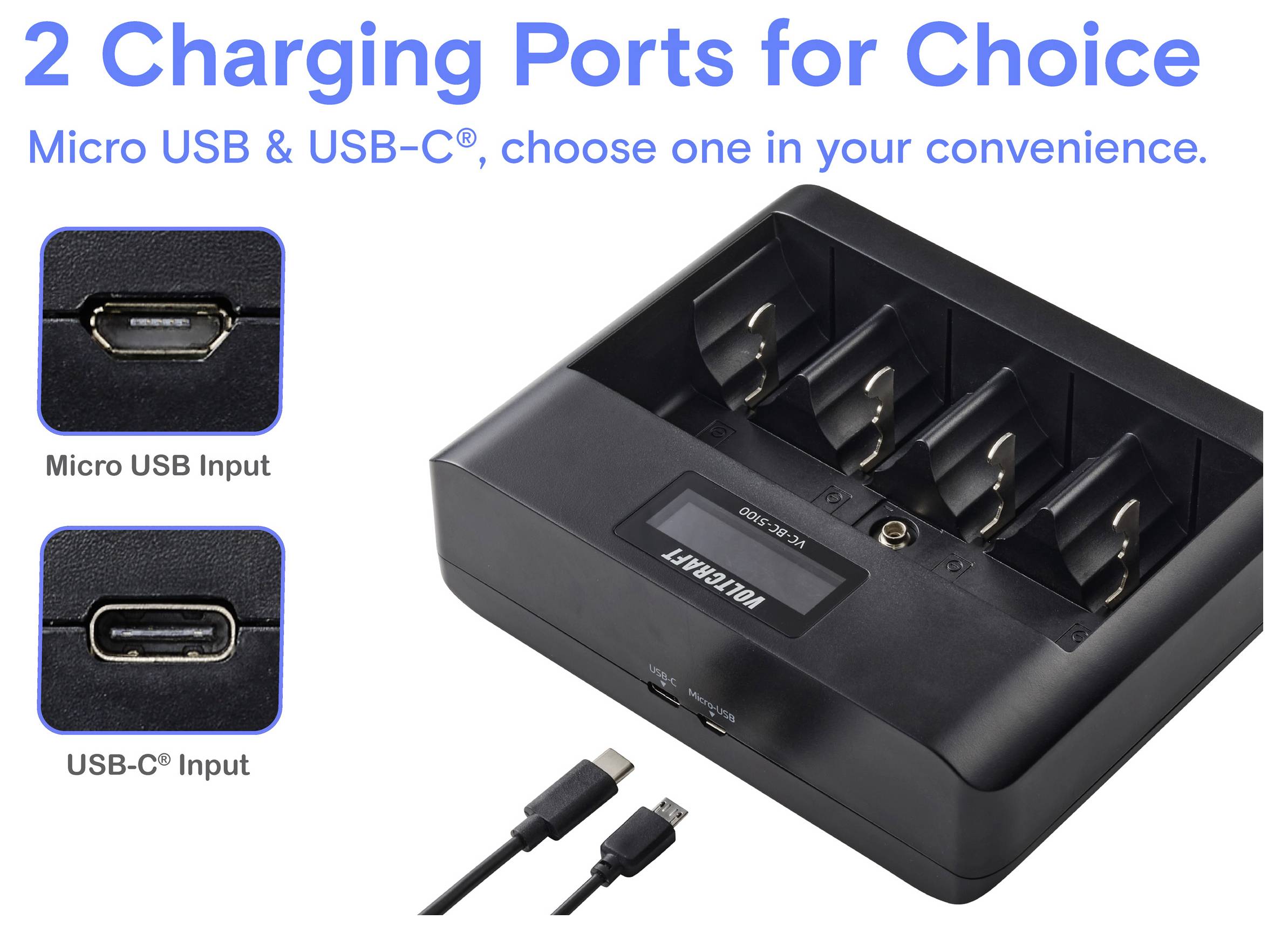 Nabíječka baterií se čtyřmi sloty pro baterie AA/AAA NiMH. Obsahuje vstupy micro USB a USB-C pro nabíjení, zobrazené s porty a kabely.