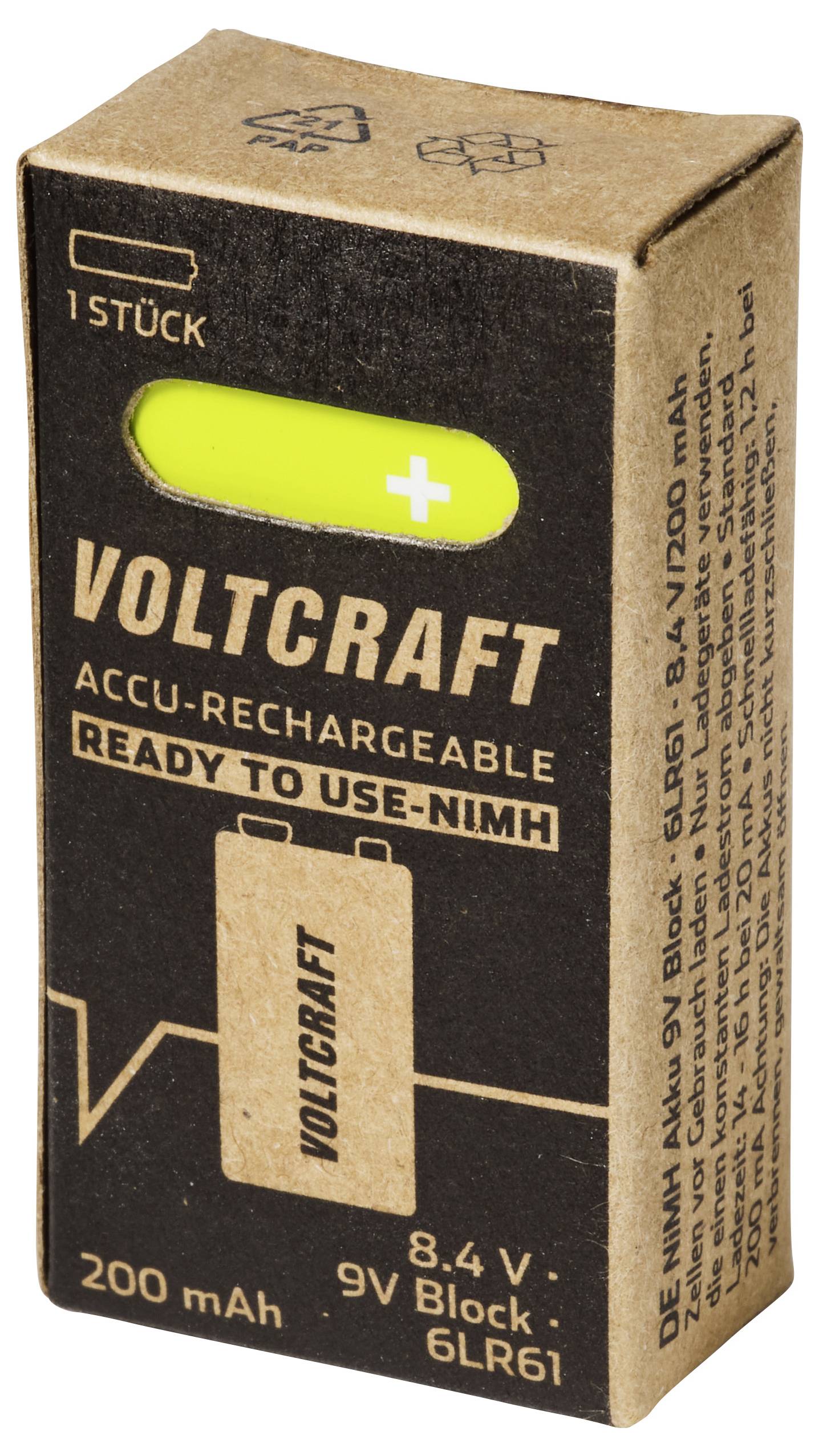 Produktové balení pro nabíjecí baterii Voltcraft 9V NiMH, označenou 8,4 V, 200 mAh a "připraveno k použití".