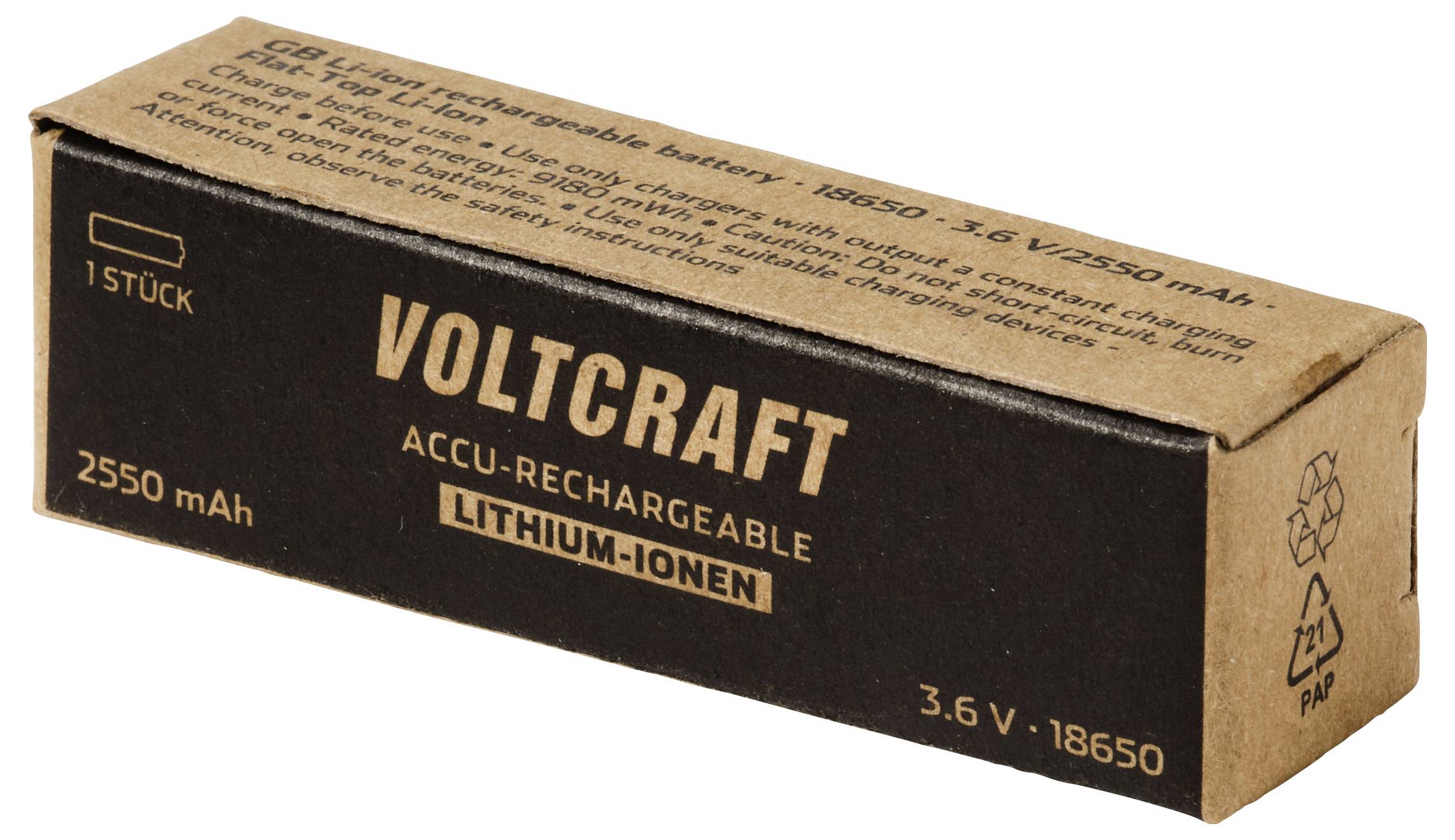 Voltcraft nabíjecí lithium-iontový článek v krabici, označený 2550 mAh, 3,6 V 18650.