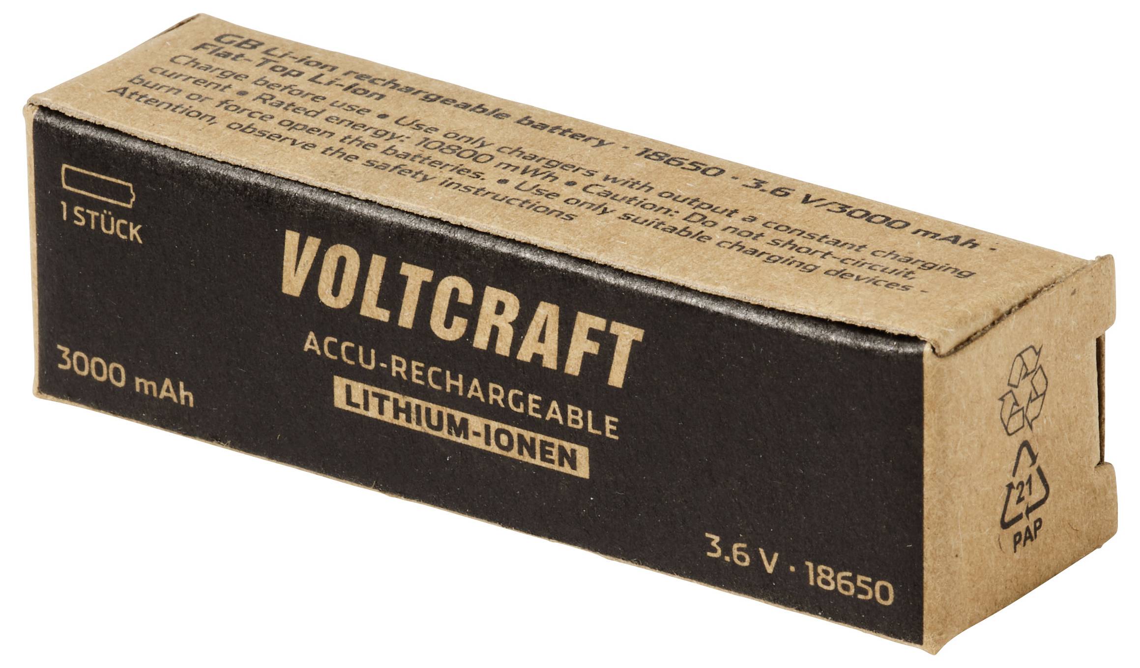 Voltcraft baterie nabíjecí lithium-iontová 3,6V balená v krabici z lepenky, označená na 3000 mAh a 1 kus.