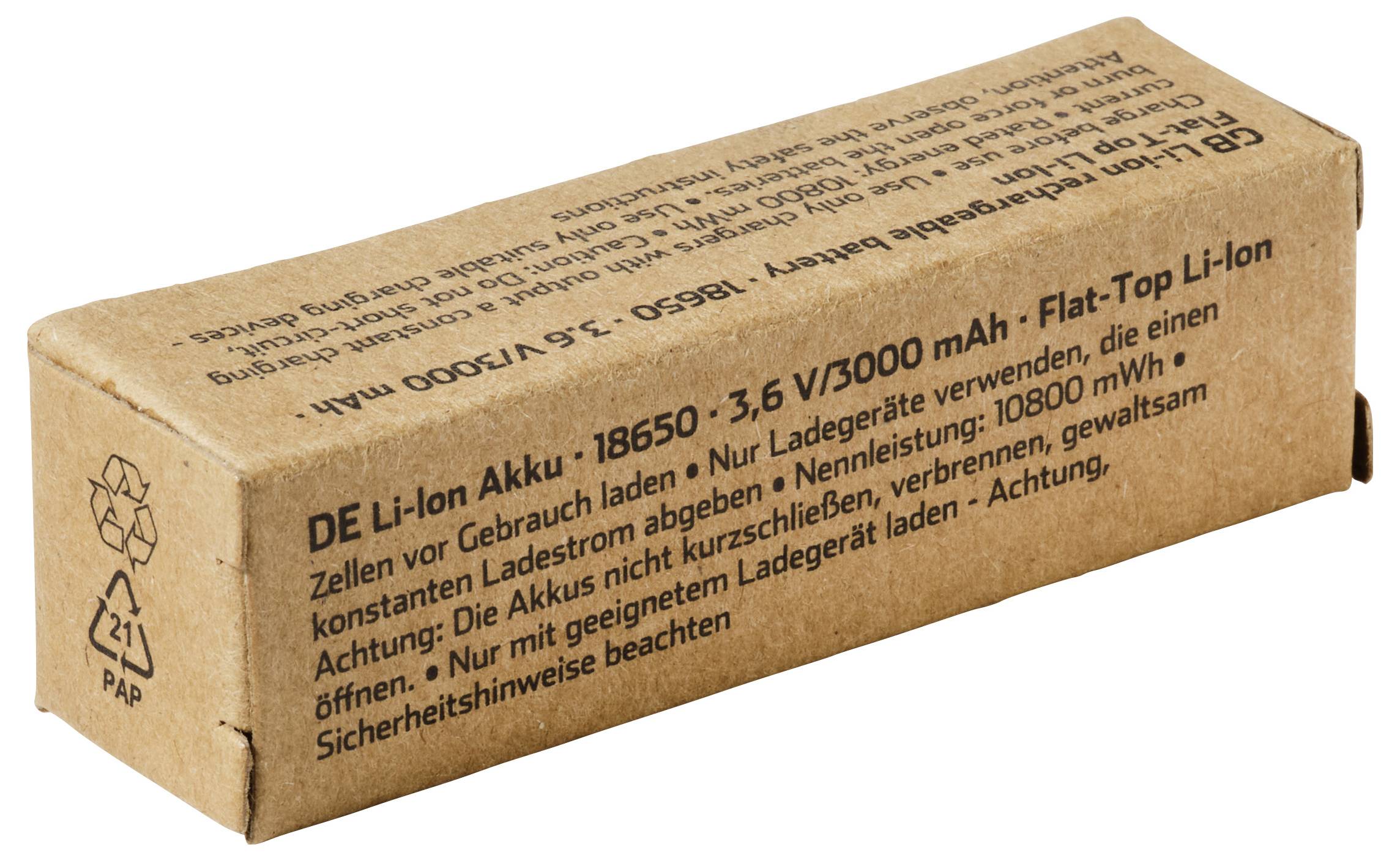 Kartonová krabice označená v němčině pro DE Li-ion bateriový balíček, články 18650, 3,6V/3000 mAh, 3,6V 3000 mAh, s upozorněními na manipulaci.