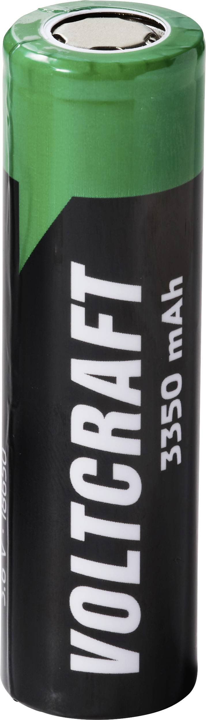 Zelená a černá článková baterie Voltcraft 3350 mAh zobrazená ve vzpřímené poloze s názvem značky a kapacitou vytištěnými na štítku.