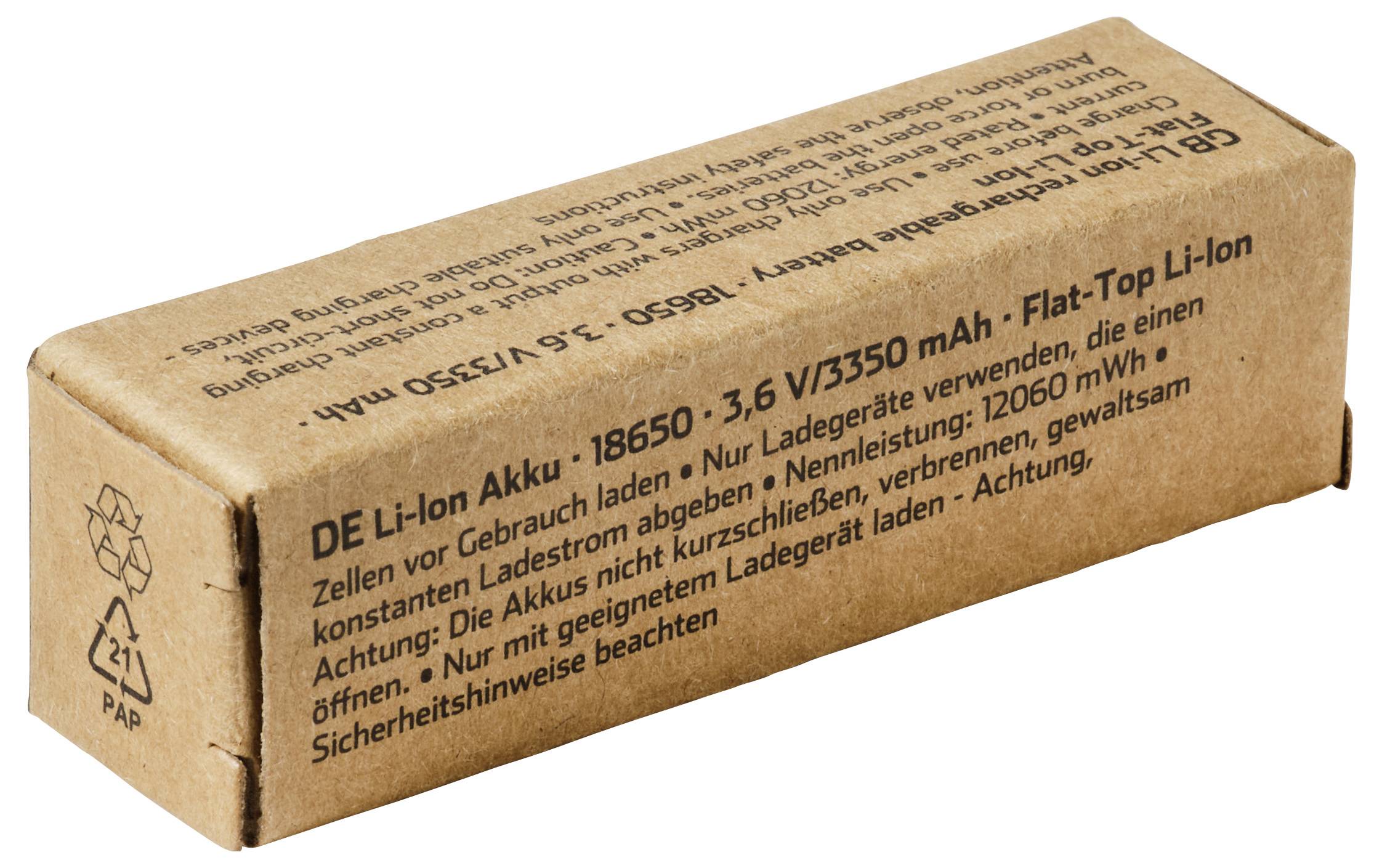 Hnědá krabice z lepenky označená v němčině pro německou Li-Ion baterii: 18650, 3,6V/3350mAh Ploché víčko Li-Ion nabíjecí články.