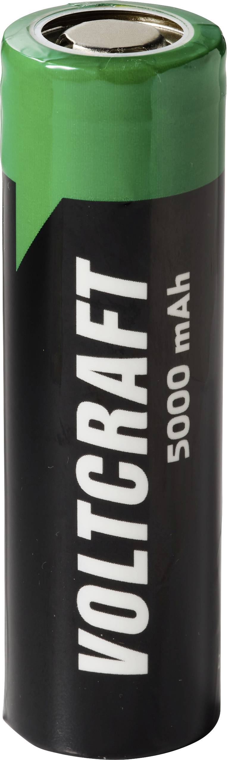 Zeleno-černá baterie Voltcraft 5000 mAh zobrazená vzpřímeně na bílém pozadí.