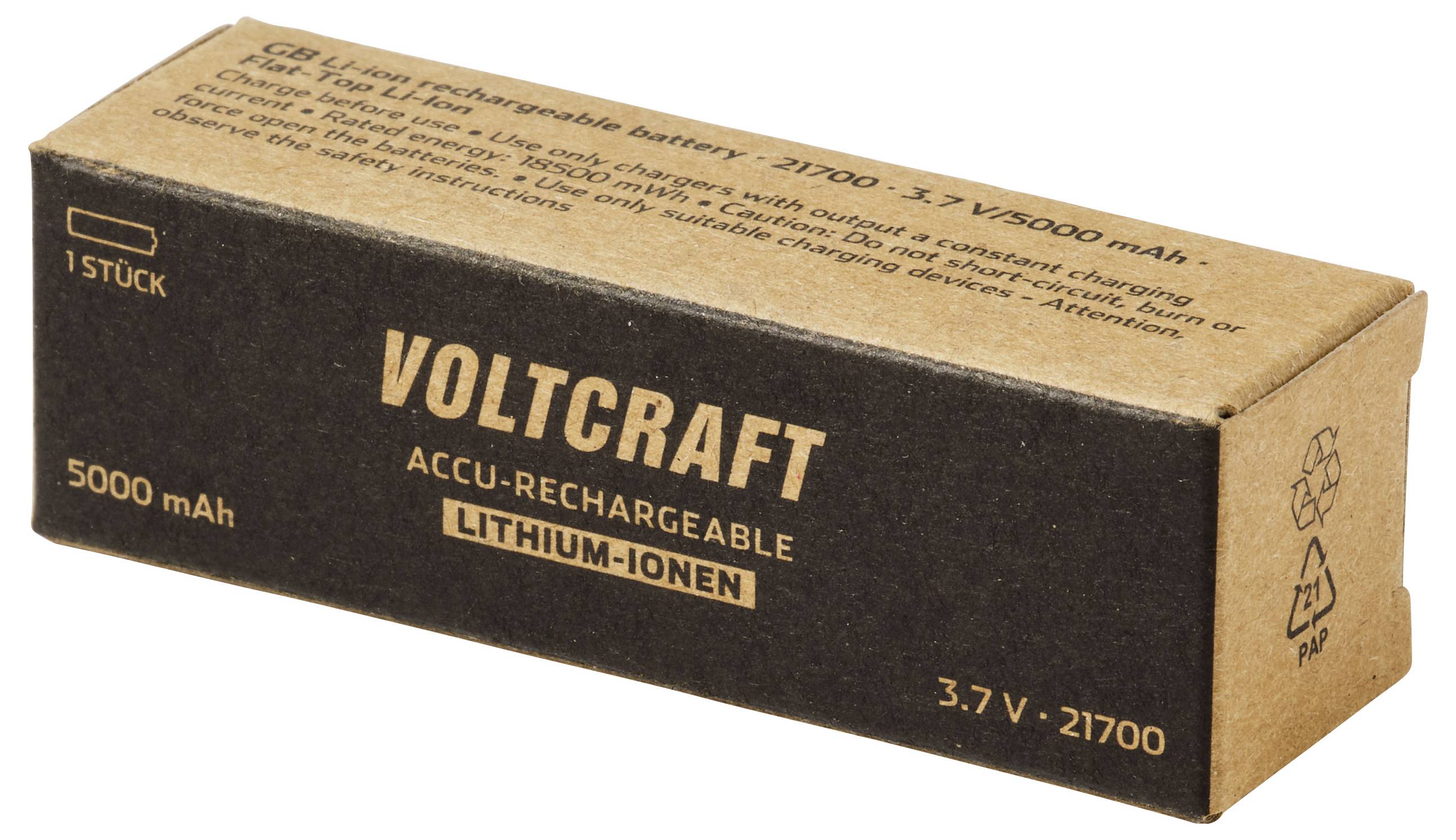 Krabice nabíjecího lithium-iontového akumulátoru Voltcraft, popisek 5000 mAh, 3,7 V, 21700, sada 16 kusů.