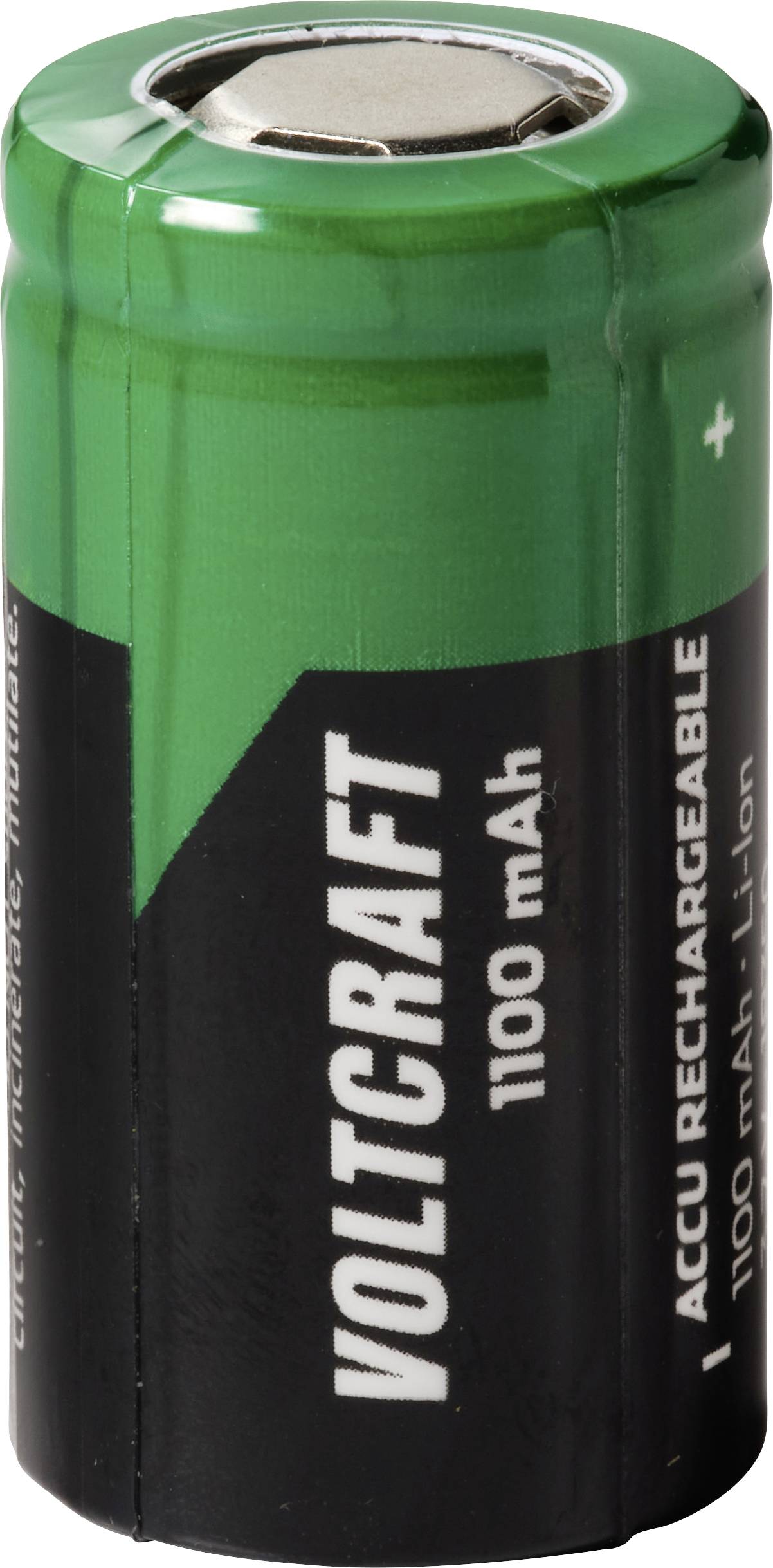 Zelená nabíjecí baterie Voltcraft 1000 mAh s černým štítkem a viditelným kladným pólem
